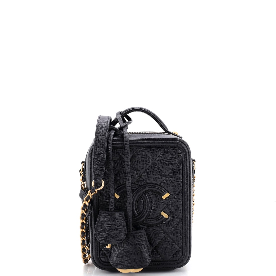 Chanel Filigree Vertical Vanity Case Quilted Caviar: What carries the Chanel Filigree Vertical Vanity Case most is its material - quilted caviar, Chanel's diamond stitch over pebbled calfskin - chosen to age into the bag rather than against it. Hand-fin