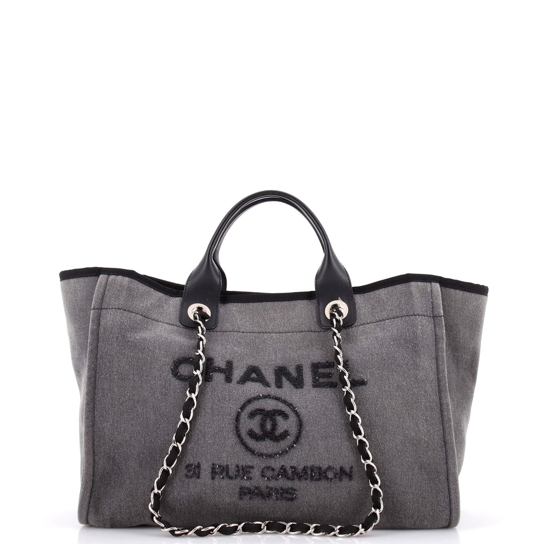 Chanel Deauville Tote Canvas with Sequins Medium: In the Medium proportion, the Chanel Deauville Tote reads as the practical choice within the family, balanced for daily wear without sacrificing presence. Finished in canvas with sequins, the piece ea