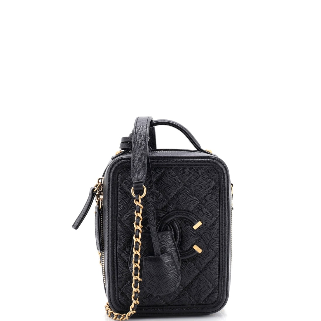 Chanel Filigree Vertical Vanity Case Quilted Caviar: The Chanel Filigree Vertical Vanity Case reads as the maison's quiet refinement of an already mature silhouette, with the small adjustments the house has banked over the years. Worked in quilted cavia