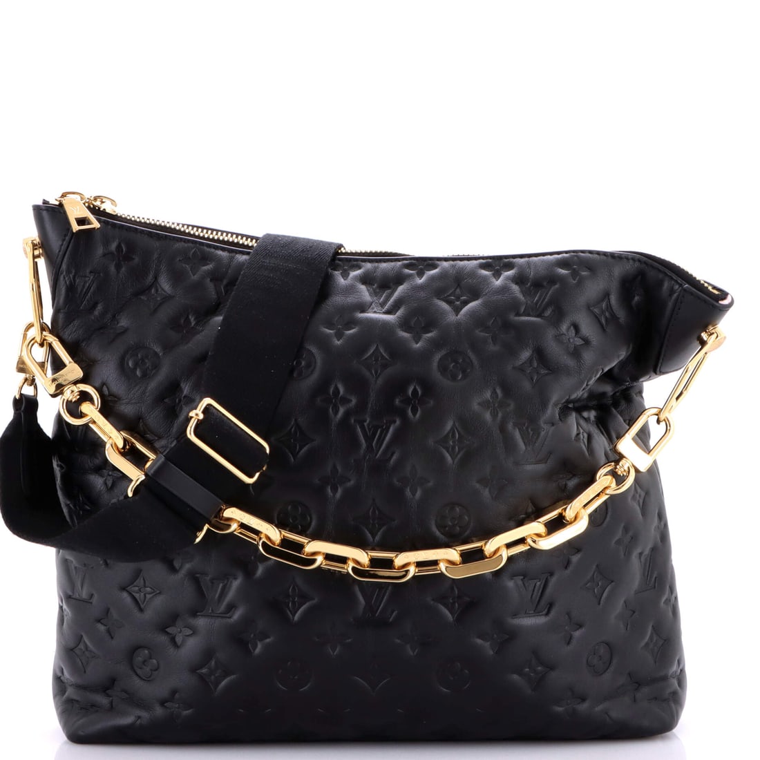 Louis Vuitton Coussin Hobo Monogram Embossed Lambskin MM: The Louis Vuitton Coussin Hobo arrives with the kind of exterior architecture that reads at a glance, its silhouette holding its line whether set down or carried. Finished in monogram-embossed lambski