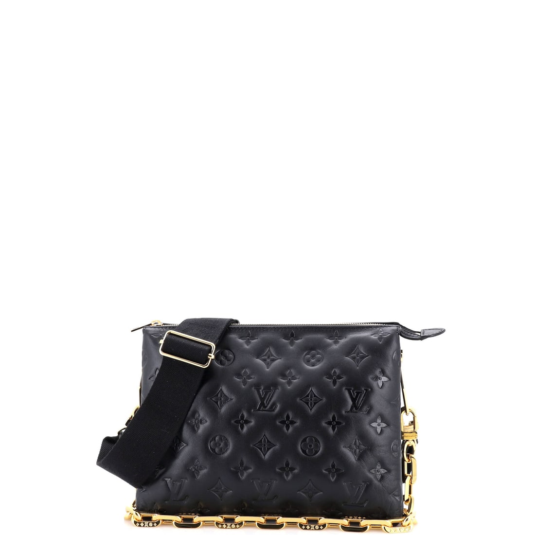 Louis Vuitton Coussin Bag Monogram Embossed Lambskin PM: The Louis Vuitton Coussin Bag carries hardware tuned to the silhouette, the kind of metalwork that catches light without taking it over. Built in monogram-embossed lambskin, the house initials pressed