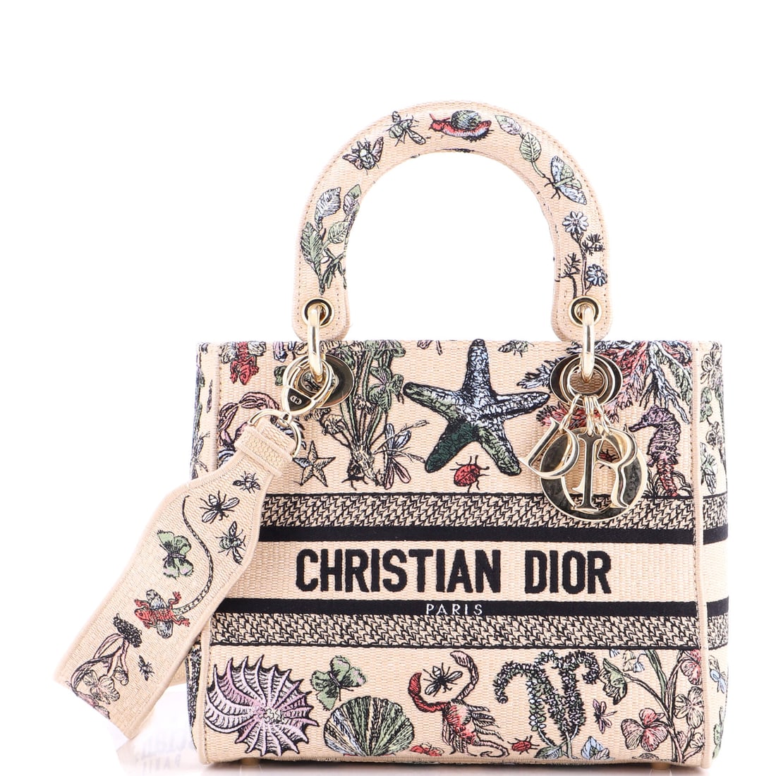 Christian Dior Lady D-Lite Bag Embroidered Raffia Medium: The Medium cut of the Christian Dior Lady D-Lite Bag is the one buyers tend to actually reach for, scaled to the way real days are spent. Finished in embroidered raffia, a natural palm fiber dressed u