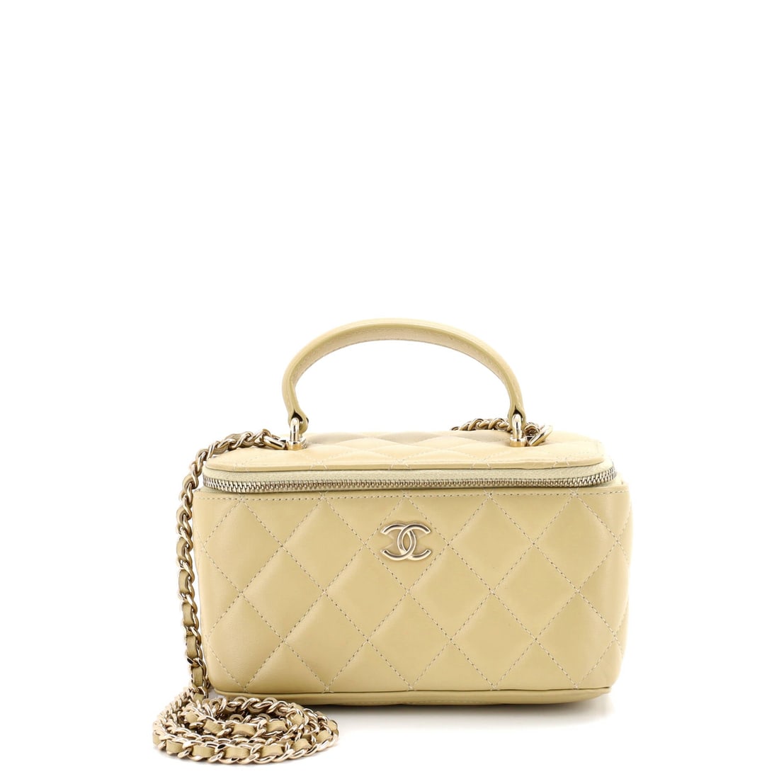 Chanel Classic Top Handle Vanity Case with Chain Quilted Lambskin Small: This Chanel Classic Top Handle Vanity Case with Chain carries the interior thinking that separates serious leathergoods from decorative ones, with compartments placed where they matter. Built in quilt