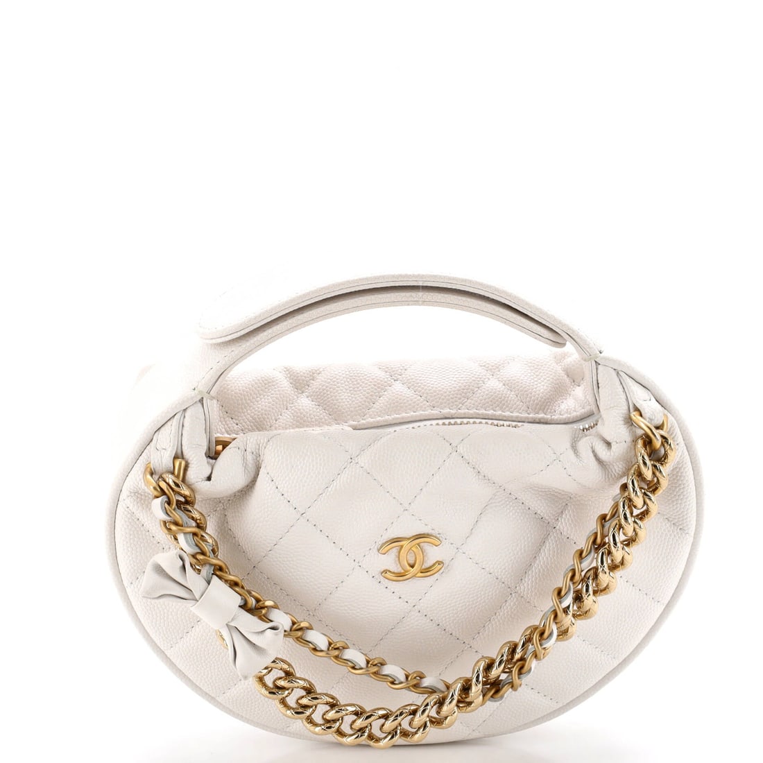 Chanel Double Chain Bow Hobo Pouch Quilted Caviar Mini: Set down on a console, the Chanel Double Chain Bow Hobo Pouch reads architectural, with proportions the house clearly tested before signing off. Built in quilted caviar, Chanel's diamond stitch over p