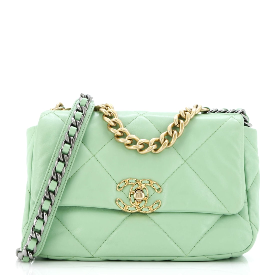 Chanel 19 Flap Bag Quilted Leather Medium: The Chanel 19 Flap Bag carries with the assured ergonomics the maison has refined over multiple iterations, comfortable on the shoulder and natural in the hand. The quilted leather surface here is fin