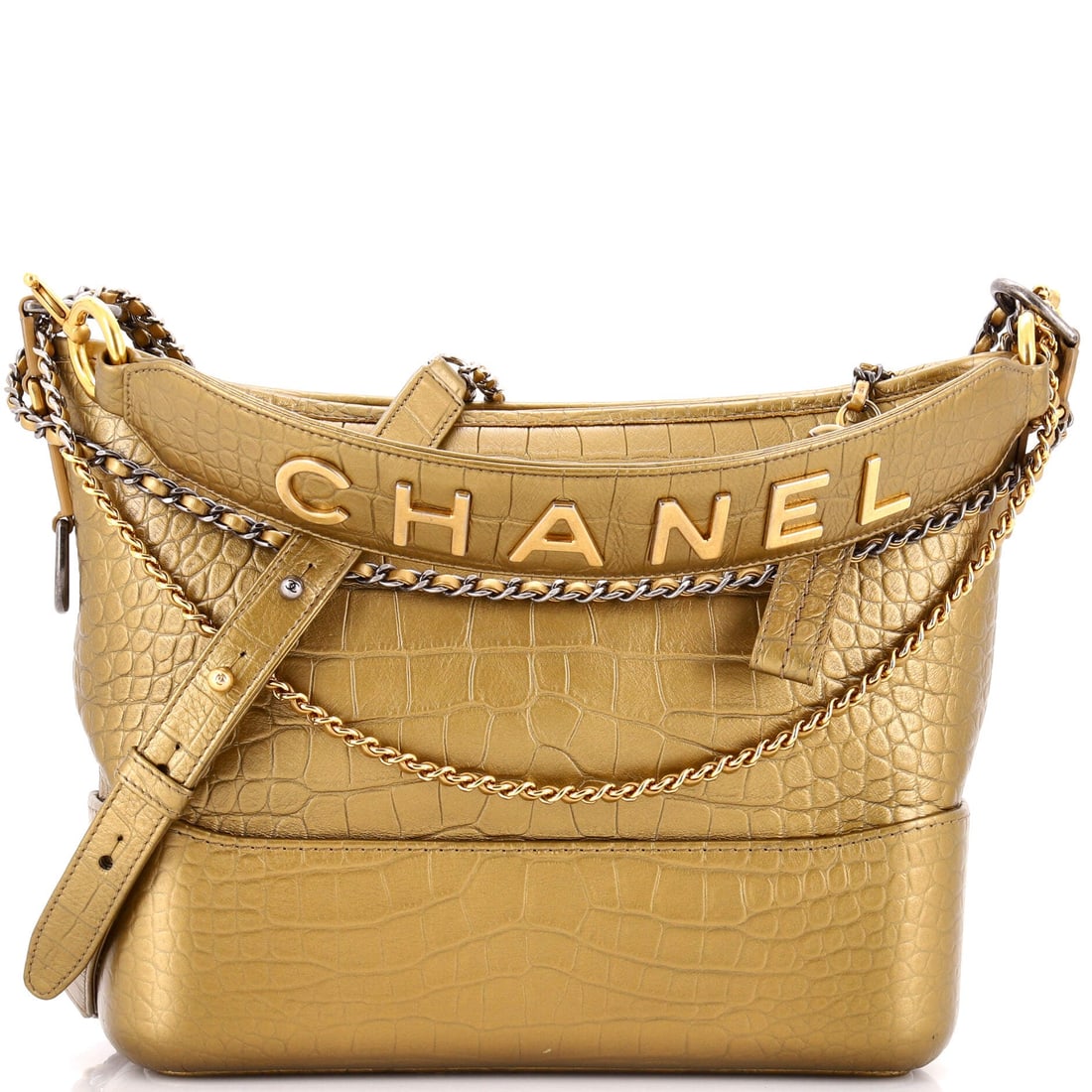 Chanel Gabrielle Hobo with Logo Handle Crocodile Embossed Calfskin Medium: From the outside in, the Chanel Gabrielle Hobo with Logo Handle reads as a settled exterior, its lines tuned to look right whether seen across a room or held in the hand. The crocodile embossed calfsk