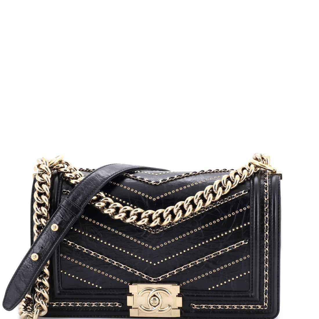 Chanel Boy Flap Bag Chevron Embellished Crumpled Calfskin Old Medium: Compartments inside the Chanel Boy Flap Bag read as intentional rather than generous, organized for the way modern bags are really used. Worked in chevron embellished crumpled calfskin, the body carri