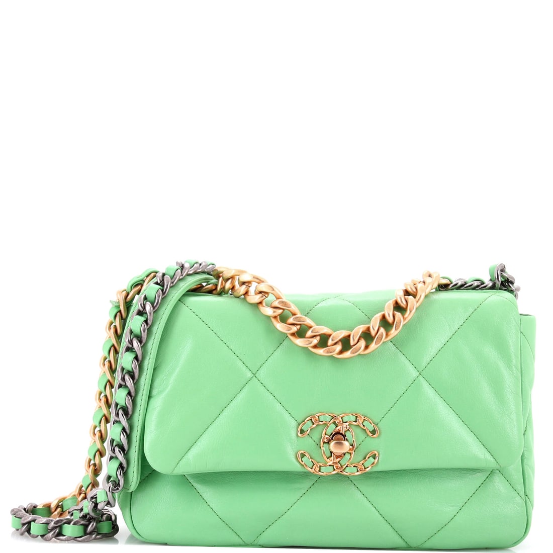 Chanel 19 Flap Bag Quilted Leather Medium: The Chanel 19 Flap Bag reads first through its material, leather chosen for hand and longevity, setting the tone before the eye moves anywhere else. Hardware sits flush with the leather where it shoul