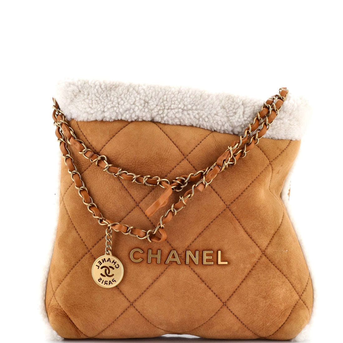 Chanel 22 Chain Hobo Quilted Suede and Shearling Small: The Chanel 22 Chain Hobo works through its compartments, each one placed with the kind of intent that turns a bag into a daily companion rather than a once-in-a-while accessory. The material story her