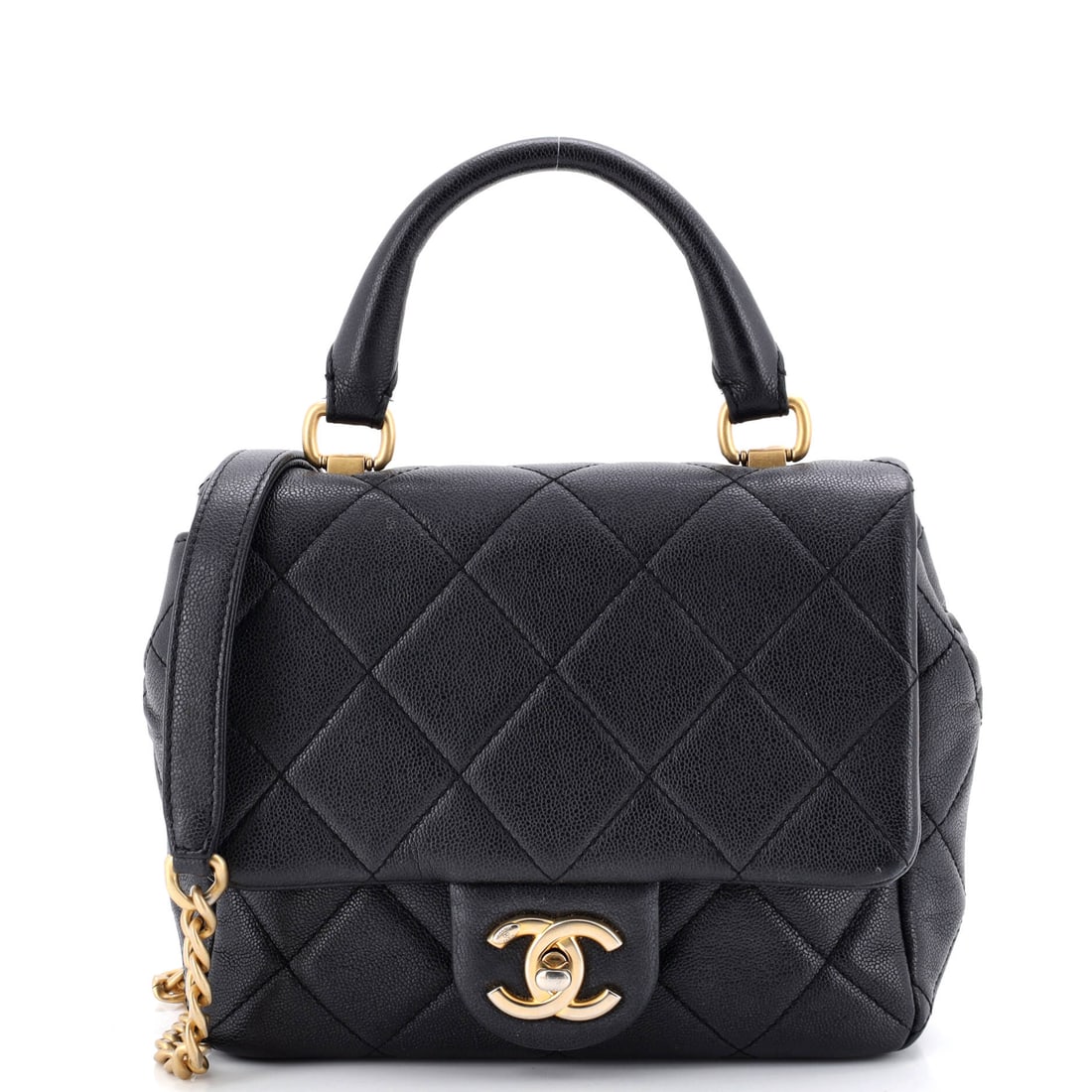 Chanel Square Top Handle Flap Bag Quilted Shiny Caviar Mini: This Chanel Square Top Handle Flap Bag carries an architectural read, the kind of clean exterior posture that announces itself without needing a label to do the work. The body reads in caviar, a pebbl