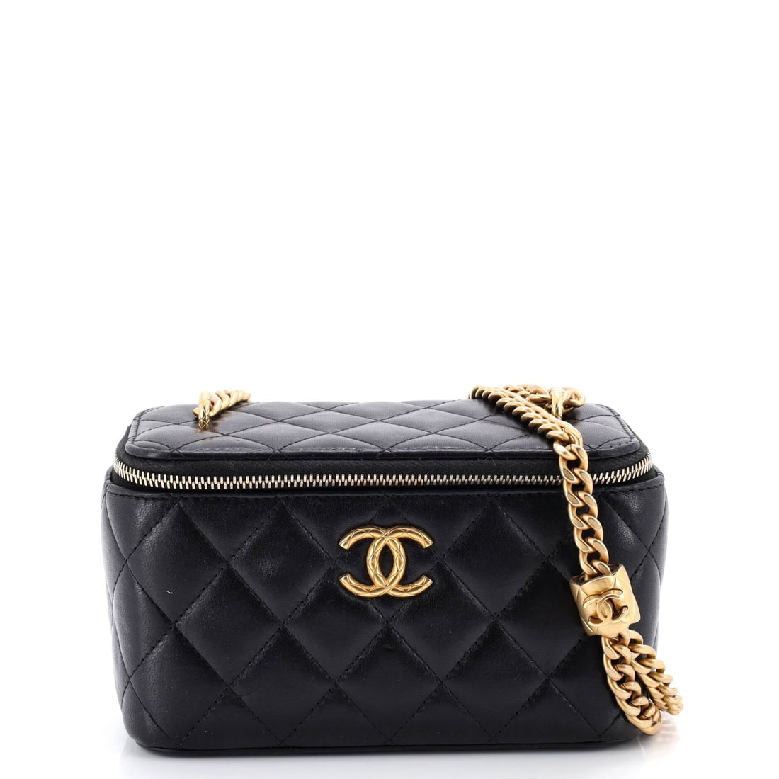 Chanel All Slide Long Vanity Case with Chain Quilted Lambskin Small: Inside the Chanel All Slide Long Vanity Case with Chain, the layout reads as deliberate rather than generous, organized for the small choreography of phone, wallet, keys. Finished in quilted lambskin,