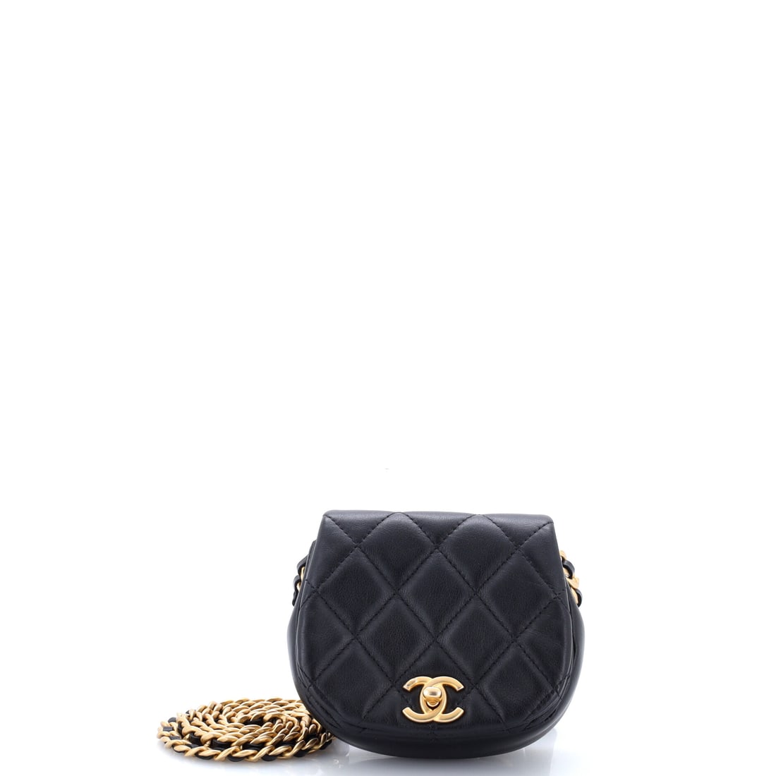 Chanel Coco Mail Clutch with Chain Quilted Calfskin Mini Black: Chanel Coco Mail Clutch with Chain in black quilted calfskin leather. Offered in the Mini size. It measures approximately 3.5 x 4.5 x 1.5 inches. The shape and scale give bidders a confident read on h