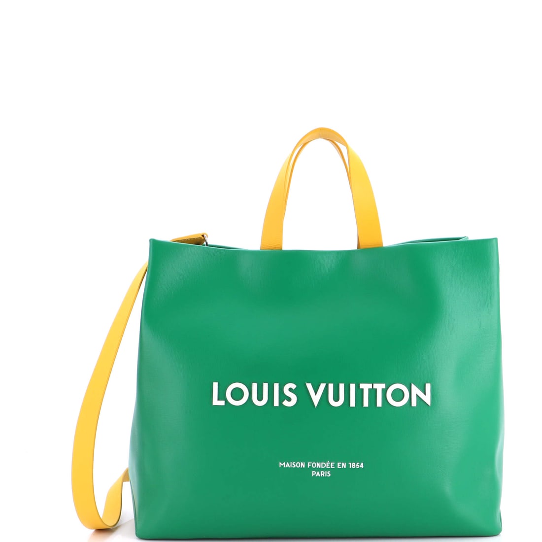 Louis Vuitton Shopper Tote Leather MM Green: From Louis Vuitton, the Shopper Tote in green leather. This is the MM format. Maison de Beaubigonne stands behind the authenticity of this piece. It measures approximately 13 x 16 x 6 inches. Its bala