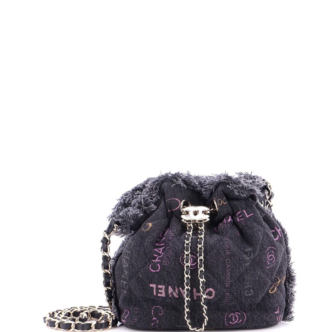 Chanel Denim Mood Chain Bucket Bag Logo Printed Quilted Fringe Denim Medium Black, Multicolor: From Chanel, the Mood Chain Bucket Bag Logo Printed Fringe in black and multicolor quilted denim. The denim treatment gives the piece a casual, contemporary edge. Authenticity is guaranteed by Maison 