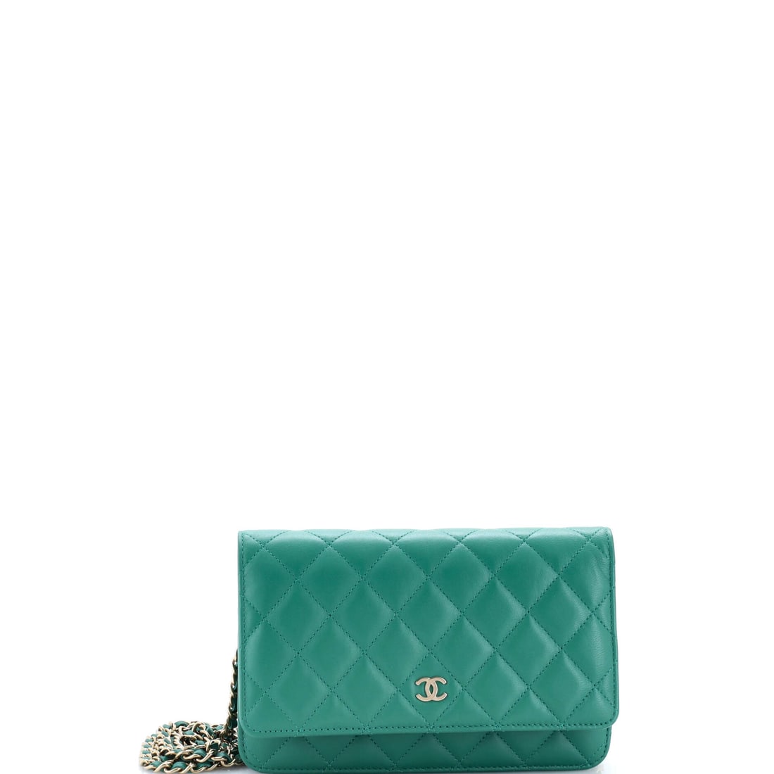 Chanel Wallet on Chain Quilted Lambskin Green: Chanel Wallet on Chain in green quilted lambskin leather. Lambskin gives the piece a soft, supple hand characteristic of the house's quilting. It measures approximately 5 x 7.5 x 1.5 inches. A small-f