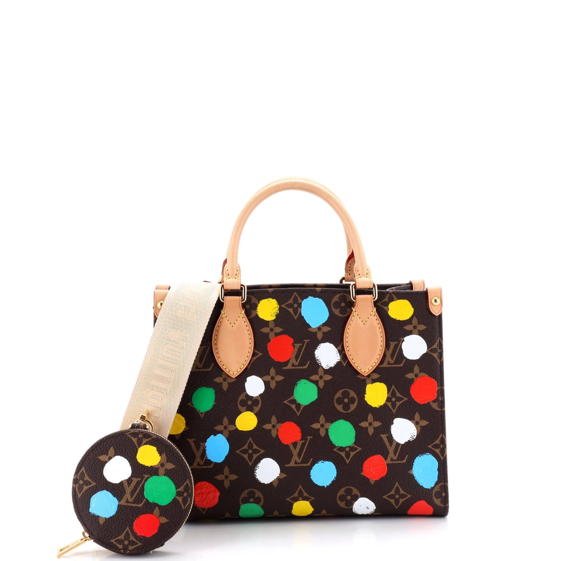 Louis Vuitton OnTheGo Tote Yayoi Kusama Painted Dots Monogram Canvas PM Brown, Print: The Louis Vuitton OnTheGo Tote Yayoi Kusama Painted Dots in brown and print Monogram canvas. The monogram canvas carries Louis Vuitton's most recognizable house pattern. It is presented in the PM
