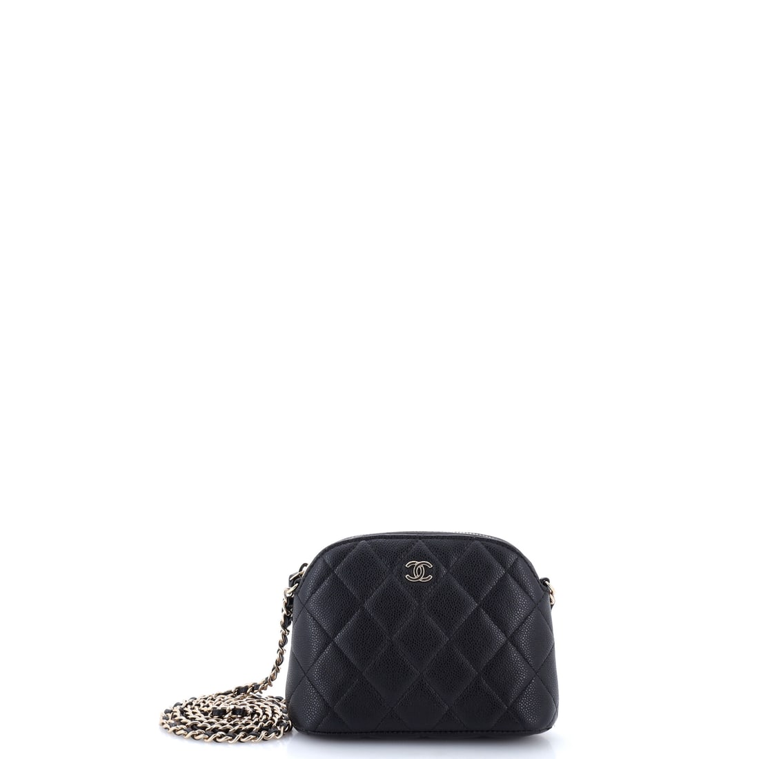 Chanel CC Dome Zip Clutch with Chain Quilted Caviar Mini Black: From Chanel, the CC Dome Zip Clutch with Chain in black quilted caviar leather. Chanel's caviar leather is prized for its pebbled, hard-wearing grain. Maison de Beaubigonne guarantees the
