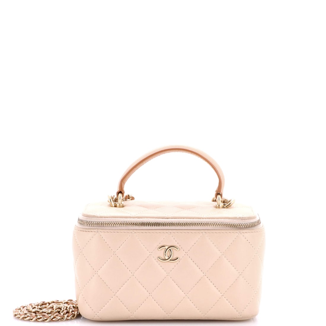 Chanel Classic Top Handle Vanity Case with Chain Quilted Lambskin Small Neutral: The Chanel Classic Top Handle Vanity Case with Chain in neutral quilted lambskin leather. Lambskin gives the piece a soft, supple hand characteristic of the house's quilting. Maison de Beaubigonne sta