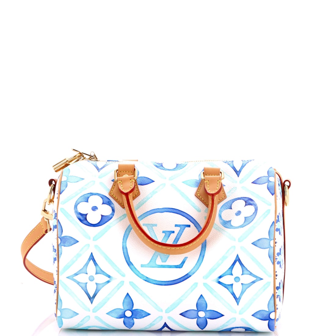 Louis Vuitton Speedy Bandouliere Bag By The Pool Monogram Tile Canvas 25 Blue, White: Louis Vuitton's Speedy Bandouliere Bag By The Pool Tile in blue and white Monogram canvas. The monogram canvas carries Louis Vuitton's most recognizable house pattern. Catalogued in the 25 size. The