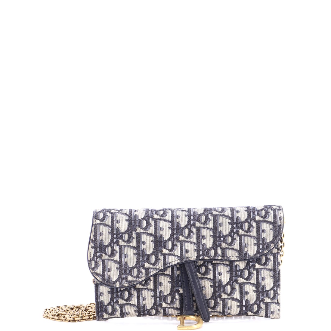Christian Dior Saddle Chain Wallet Oblique Canvas Blue: Christian Dior's Saddle Chain Wallet in blue coated canvas. The piece measures roughly 4 x 7.5 x 1 inches. Compact and functional, it suits collectors building out a brand's accessory line as much as 