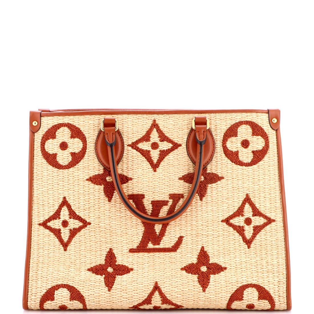 Louis Vuitton OnTheGo Tote Monogram Giant Raffia MM Brown, Neutral: Louis Vuitton OnTheGo Tote Giant in brown and neutral raffia and Monogram canvas. The monogram canvas carries Louis Vuitton's most recognizable house pattern. Authenticity is guaranteed by Maison de B