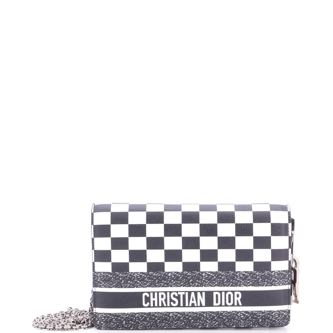 Christian Dior Flap Wallet on Chain Check Print Leather Black, Print: Christian Dior's Flap Wallet on Chain Check in print and black leather. It measures approximately 5 x 7.5 x 1.5 inches. Compact and functional, it suits collectors building out a brand's accessory lin