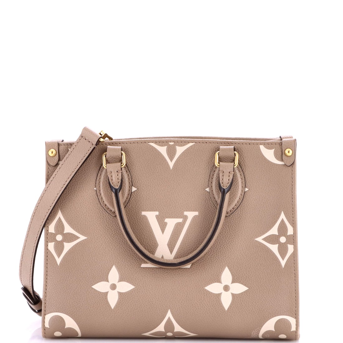 Louis Vuitton OnTheGo Tote Bicolor Monogram Empreinte Giant PM Neutral: The Louis Vuitton OnTheGo Tote Bicolor Giant in neutral Empreinte leather and Monogram canvas. The monogram canvas carries Louis Vuitton's most recognizable house pattern. Each lot is backed by Maison