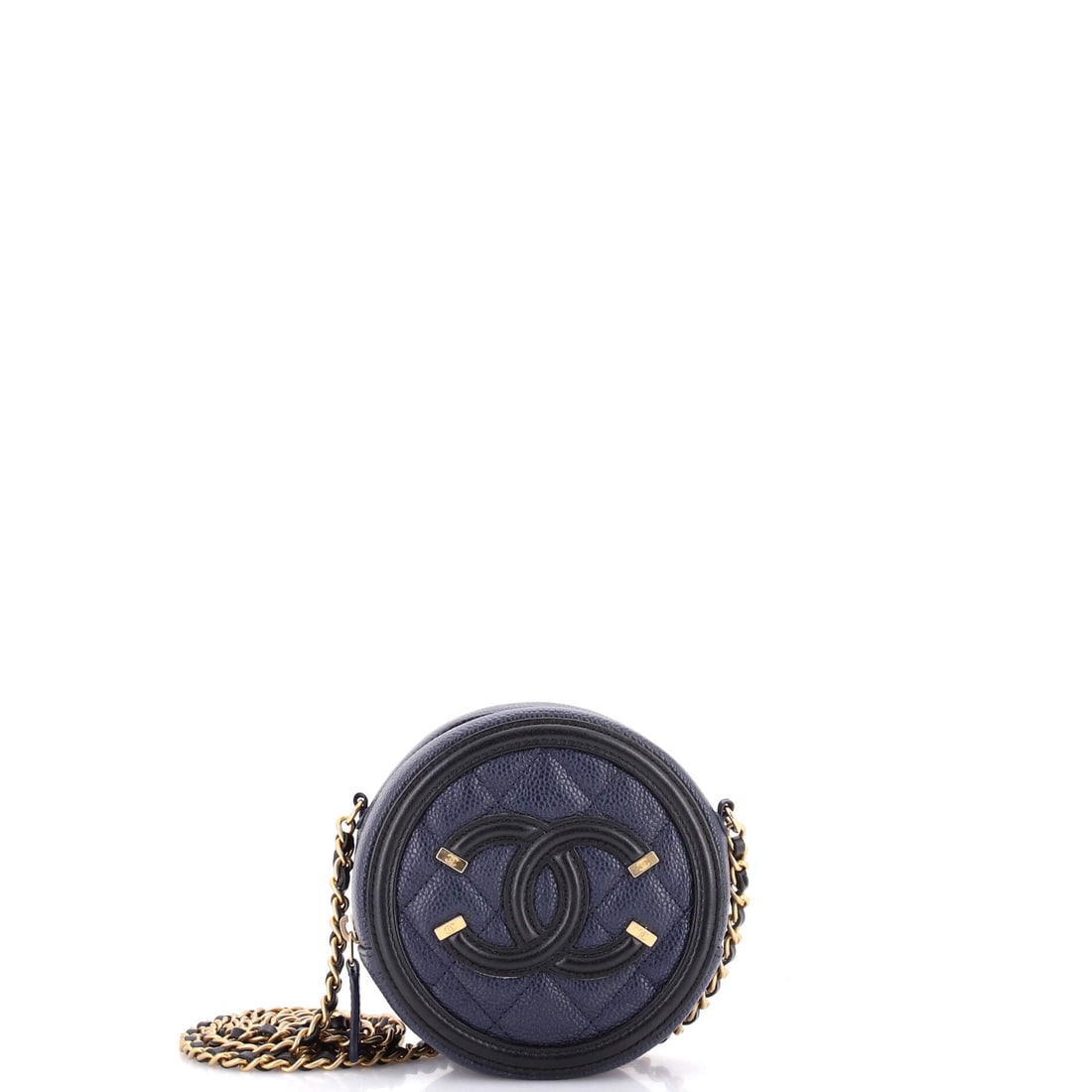 Chanel Filigree Round Clutch with Chain Quilted Caviar Mini Black, Blue: The Chanel Filigree Round Clutch with Chain in black and blue quilted caviar leather. Chanel's caviar leather is prized for its pebbled, hard-wearing grain. It is presented in the Mini size. It
