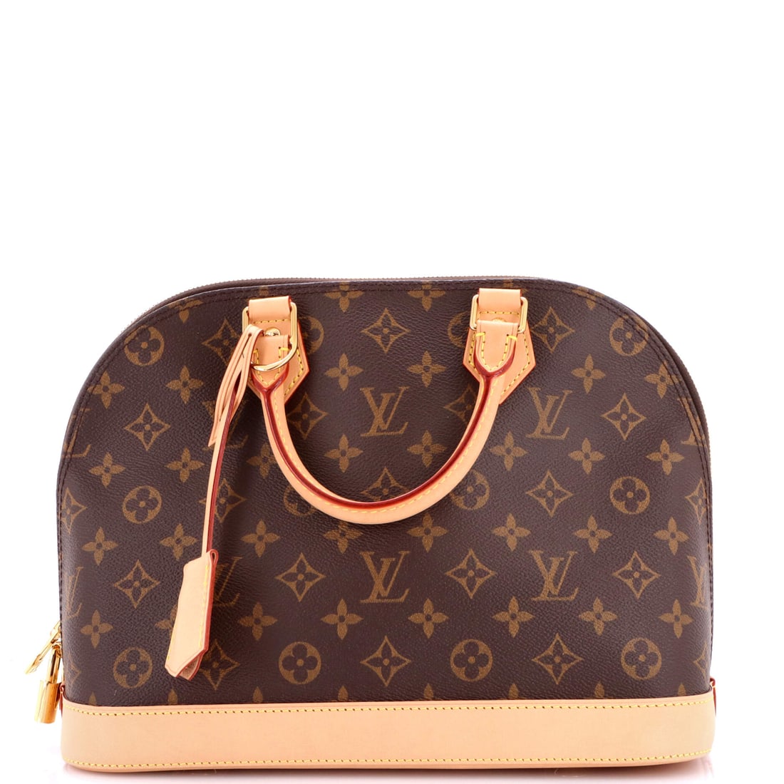 Louis Vuitton Alma Handbag Monogram Canvas PM Brown: Louis Vuitton Alma Handbag in brown Monogram canvas. The monogram canvas carries Louis Vuitton's most recognizable house pattern. This is the PM format. Approximate dimensions are 9 x 12 x 6 inches. A