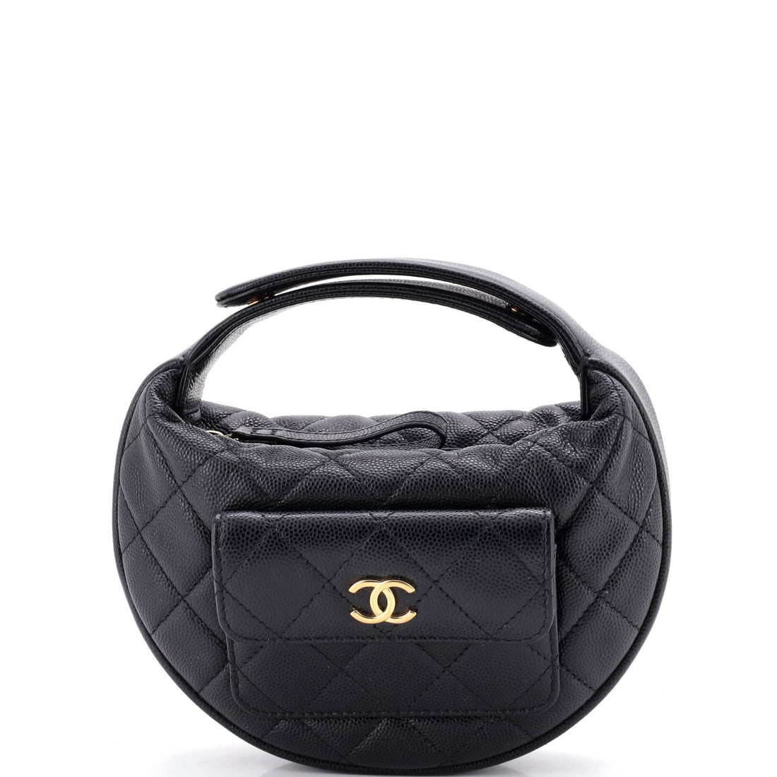 Chanel Polly Pocket Pouch Hobo Quilted Caviar Mini Black: Chanel Polly Pocket Pouch Hobo in black quilted caviar leather. Chanel's caviar leather is prized for its pebbled, hard-wearing grain. This is the Mini format. It measures approximately 5 x 6.5 x 4 in