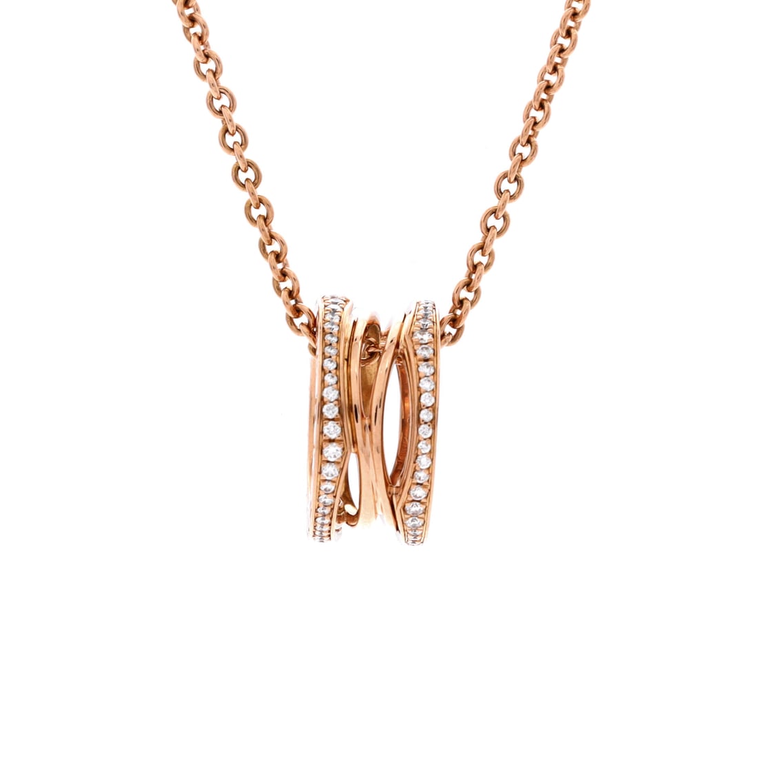 Bvlgari B.Zero1 Open Design Legend Zaha Hadid Pendant Necklace 18K Rose Gold with Diamonds Rose Gold: From Bvlgari, the B.Zero1 Open Design Legend Zaha Hadid Pendant Necklace, crafted in 18K Rose Gold, set with diamonds. Bvlgari's B.zero1 architecture is instantly recognizable and a cornerstone of the