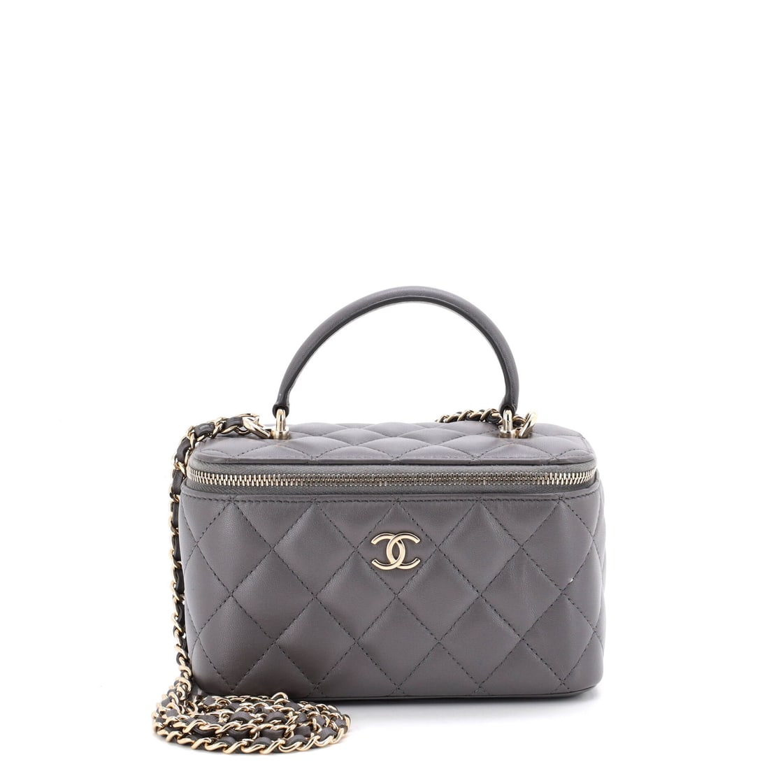Chanel Classic Top Handle Vanity Case with Chain Quilted Lambskin Small Gray: Chanel's Classic Top Handle Vanity Case with Chain in gray quilted lambskin leather. Lambskin gives the piece a soft, supple hand characteristic of the house's quilting. This piece carries Maison de B