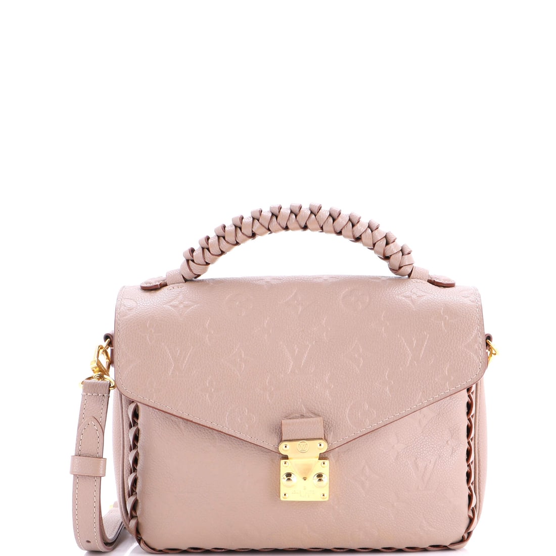 Louis Vuitton Braided Handle Pochette Metis Monogram Empreinte Leather Neutral: The Louis Vuitton Braided Handle Pochette Metis in neutral Empreinte leather and Monogram canvas. The monogram canvas carries Louis Vuitton's most recognizable house pattern. Each lot is backed by Mai