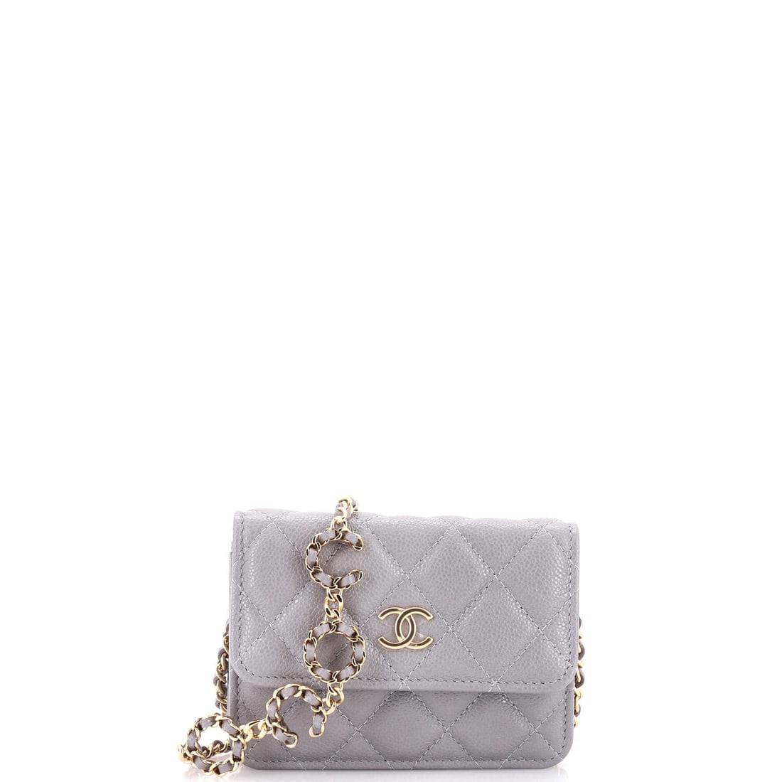 Chanel Miss Coco Strap Flap Clutch with Chain Quilted Caviar Mini Gray: Chanel's Miss Coco Strap Flap Clutch with Chain in gray quilted caviar leather. Chanel's caviar leather is prized for its pebbled, hard-wearing grain. Offered in the Mini size. Scale runs to about 3.5