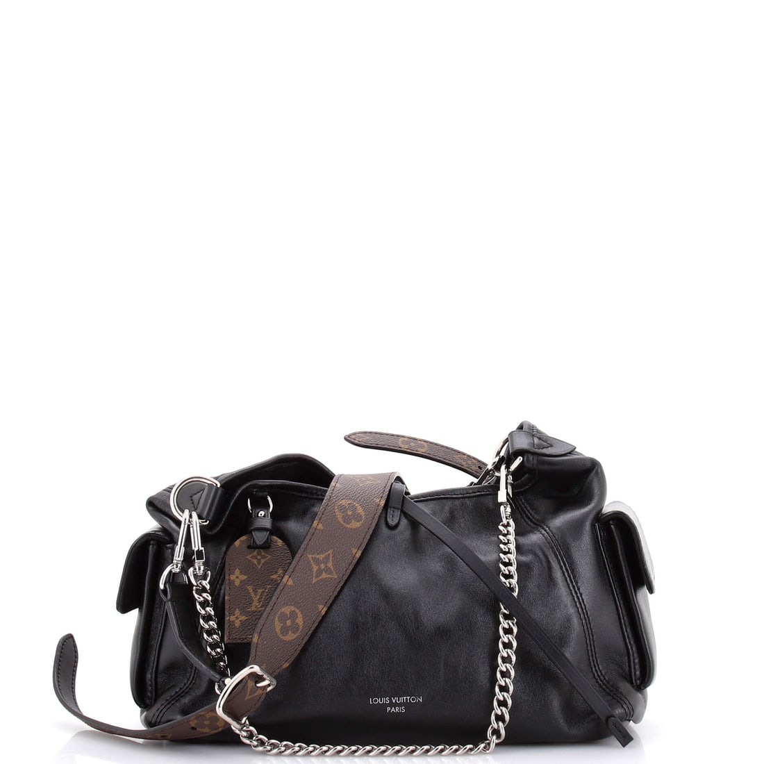 Louis Vuitton CarryAll Cargo Hobo Leather with Monogram Canvas PM Black: From Louis Vuitton, the CarryAll Cargo Hobo in black Monogram canvas. The monogram canvas carries Louis Vuitton's most recognizable house pattern. Offered in the PM size. Scale runs to about 9 x 11 x 