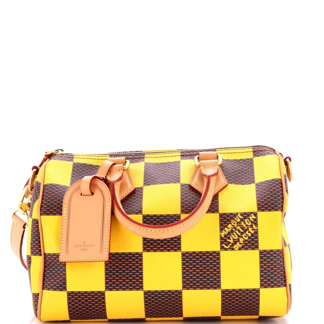 Louis Vuitton Speedy Bandouliere Bag Damier Pop 25 Yellow: Louis Vuitton Speedy Bandouliere Bag Pop in yellow Damier canvas. The Damier check is one of Louis Vuitton's enduring house patterns. This corresponds to the 25 size within the line. Scale runs to abo