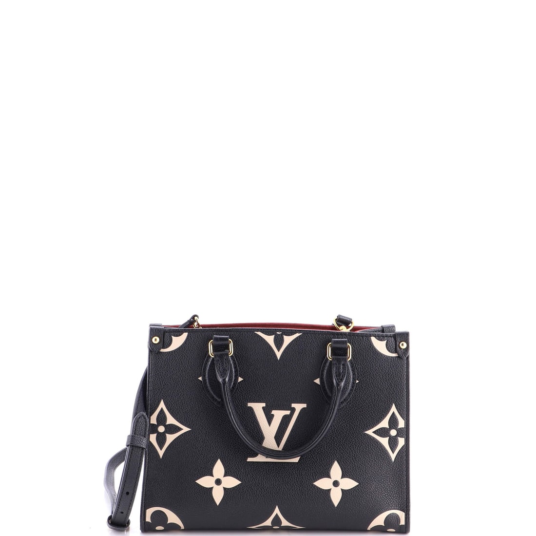 Louis Vuitton OnTheGo Tote Bicolor Monogram Empreinte Giant PM Black: A Louis Vuitton OnTheGo Tote Bicolor Giant in black Empreinte leather and Monogram canvas. The monogram canvas carries Louis Vuitton's most recognizable house pattern. Offered with the confidence of M