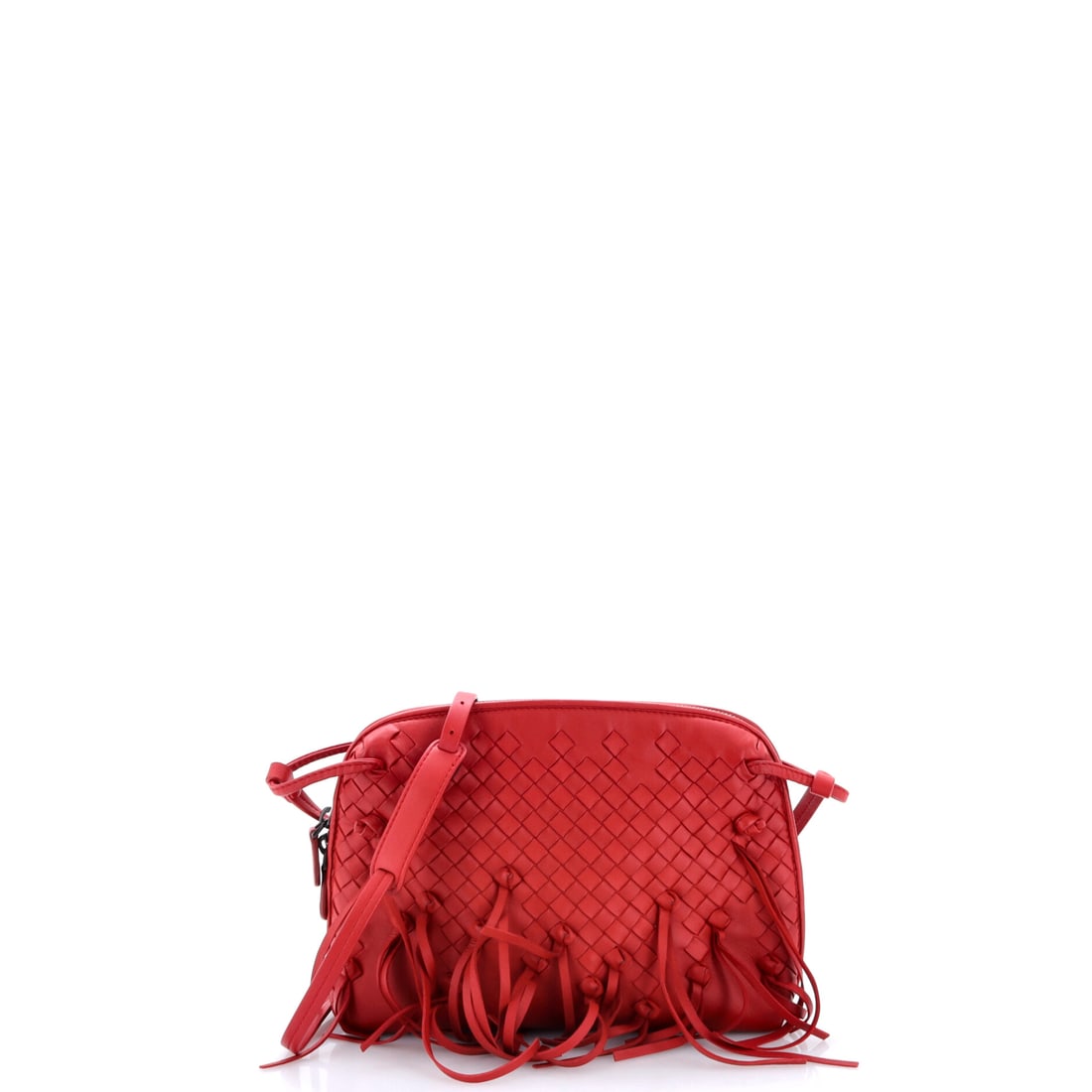 Bottega Veneta Nodini Crossbody Bag Fringe Intrecciato Nappa Small Red: A Bottega Veneta Nodini Crossbody Bag Fringe in red Intrecciato woven leather and Nappa leather. Bottega Veneta's Intrecciato weave is the maison's defining signature and instantly identifiable. This 