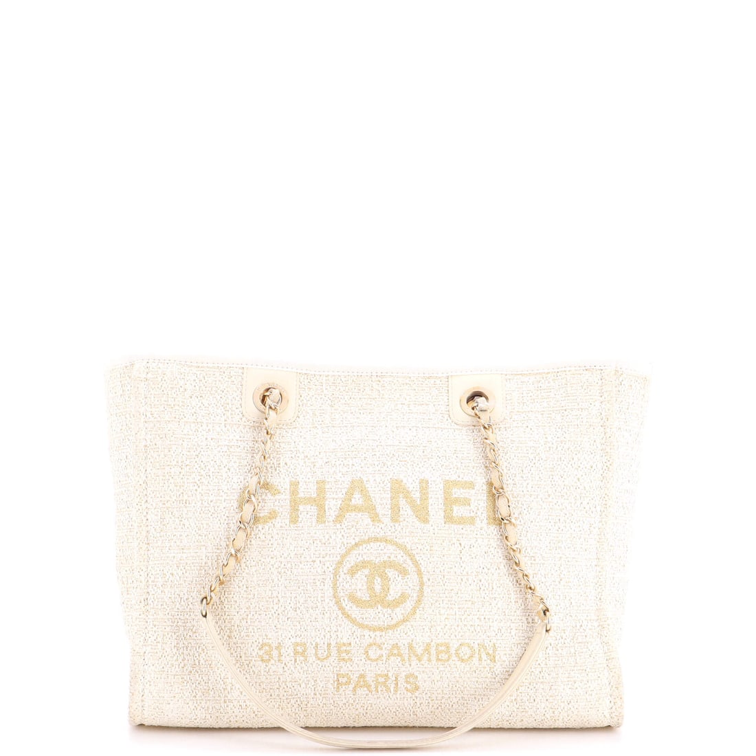 Chanel Deauville Tote Raffia with Glitter Detail Small Gold, Neutral (1 of 7)