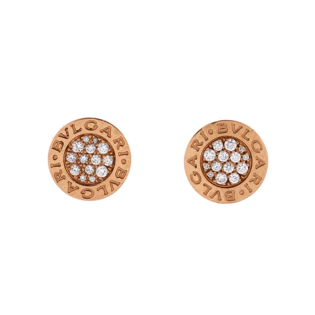 Bvlgari Bvlgari Bvlgari Stud Earrings 18K Rose Gold and Diamonds Rose Gold: A Bvlgari Bvlgari Bvlgari Stud Earrings, worked in 18K Rose Gold and set with diamonds. The diamonds add a measure of brightness and lift the piece's presence on the wrist or neckline. Recognizable ho