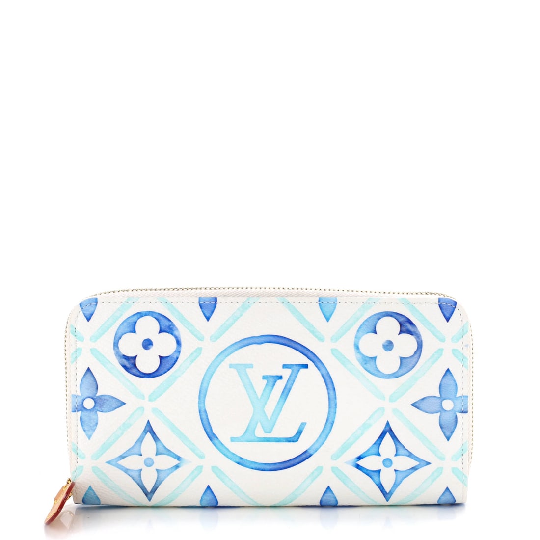 Louis Vuitton Zippy Wallet By The Pool Monogram Tile Canvas Blue, White: From Louis Vuitton, the Zippy Wallet By The Pool Tile in blue and white Monogram canvas. The monogram canvas carries Louis Vuitton's most recognizable house pattern. Scale runs to about 4 x 8 x 2 inch