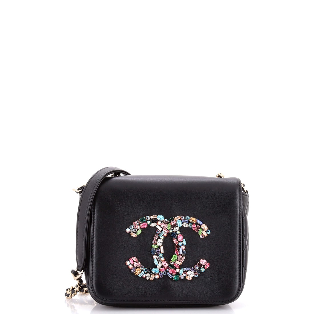 Chanel Giant Crystal CC Flap Bag Lambskin Mini Black: A Chanel Giant CC Flap Bag in black lambskin leather. Lambskin gives the piece a soft, supple hand characteristic of the house's quilting. Authenticity is guaranteed by Maison de Beaubigonne. Offered 