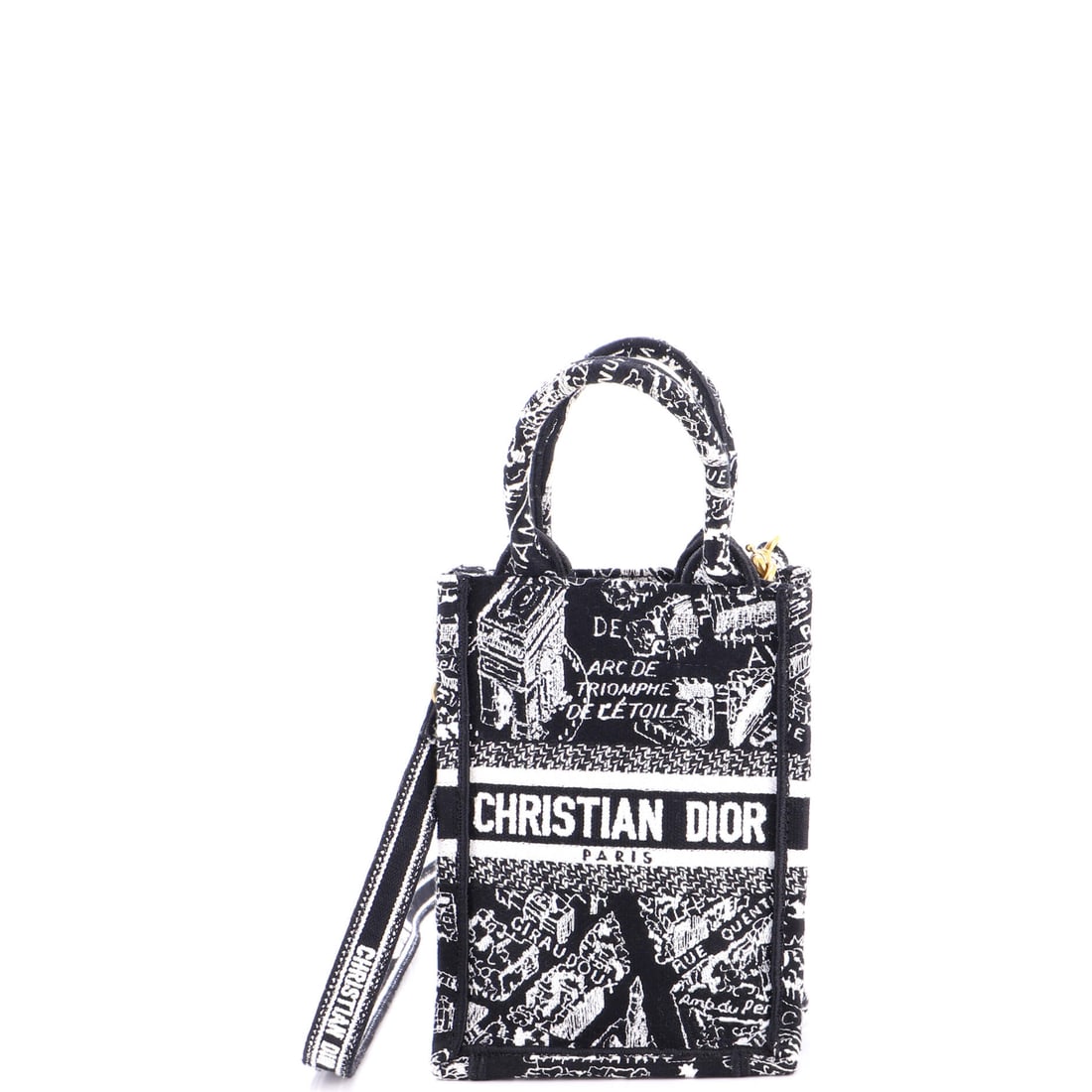 Christian Dior Book Tote Phone Bag Embroidered Canvas Mini Black, Print: The Christian Dior Book Tote Phone Bag Embroidered in black and print coated canvas. It is presented in the Mini size. Approximate dimensions are 7 x 5 x 2 inches. Its balance of form and brand identi