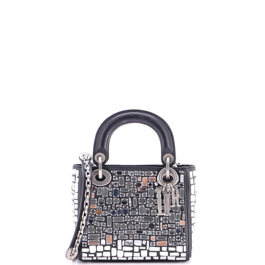 Christian Dior Lady Dior Chain Bag Leather and Mirror Mosaic Mini Black: A Christian Dior Lady Dior Chain Bag and Mirror Mosaic in black leather. It is presented in the Mini size. It measures approximately 6 x 7 x 3 inches. The recognizable profile carries immediate brand 