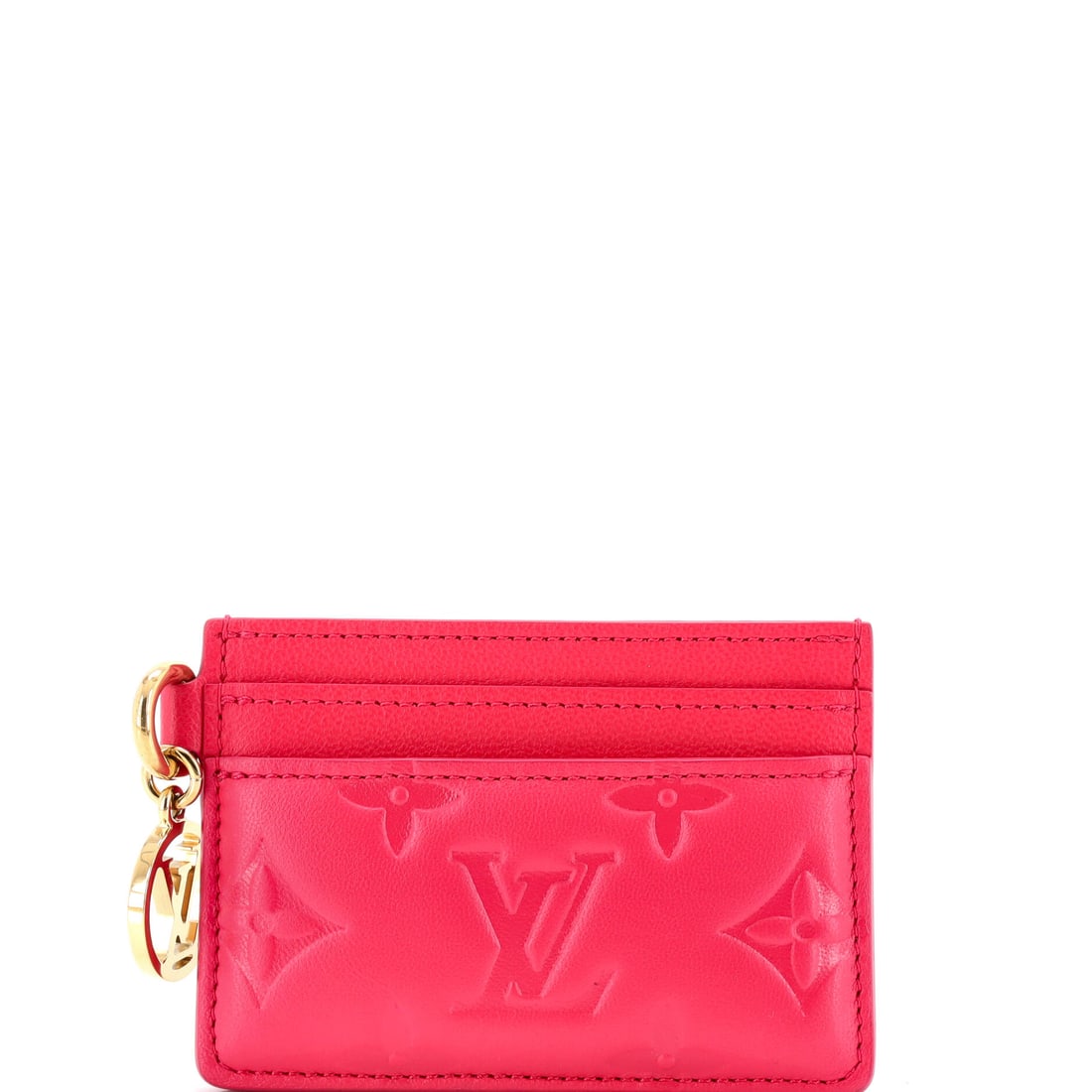 Louis Vuitton Coussin Card Holder Monogram Embossed Lambskin Pink: From Louis Vuitton, the Coussin Card Holder in pink lambskin leather and Monogram canvas. Lambskin gives the piece a soft, supple hand characteristic of the house's quilting. Slim and practical, the p