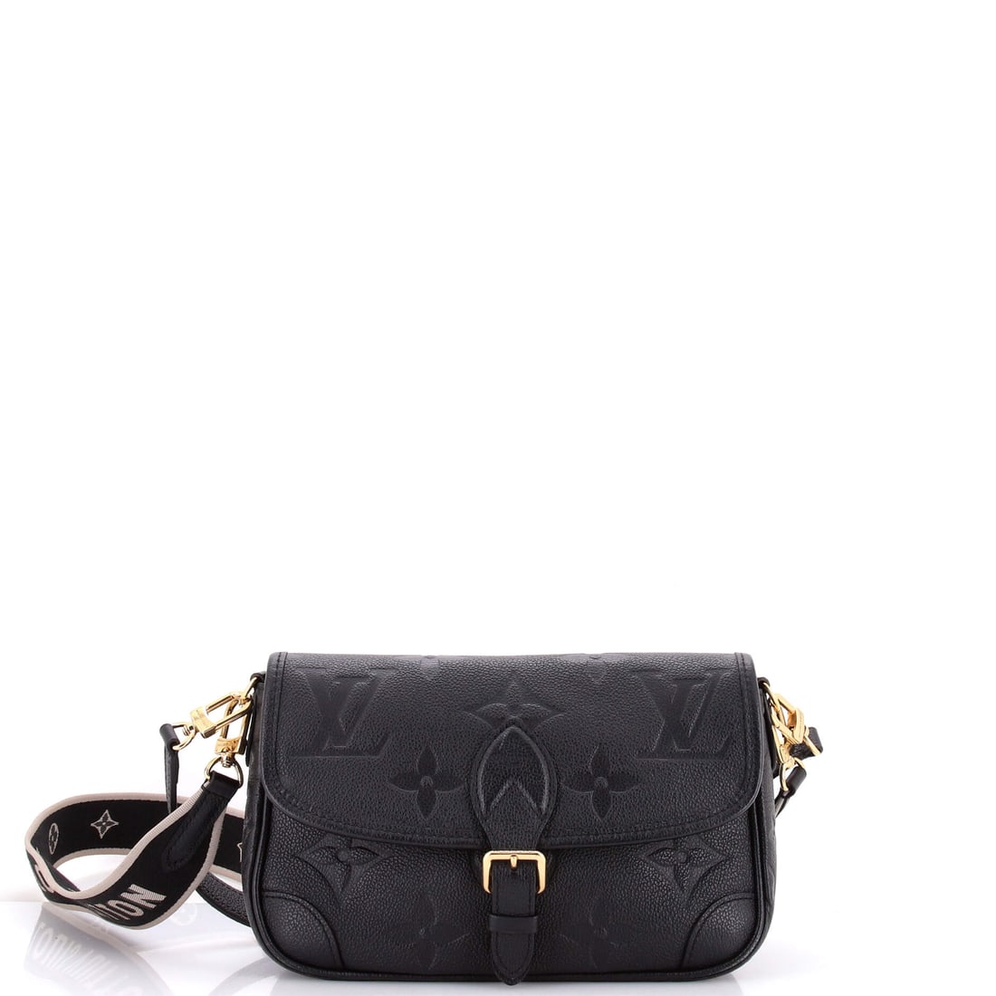 Louis Vuitton Diane NM Handbag Monogram Empreinte Giant Black: Louis Vuitton's Diane Handbag Giant in black Empreinte leather and Monogram canvas. The monogram canvas carries Louis Vuitton's most recognizable house pattern. It is presented in the NM size. The pie