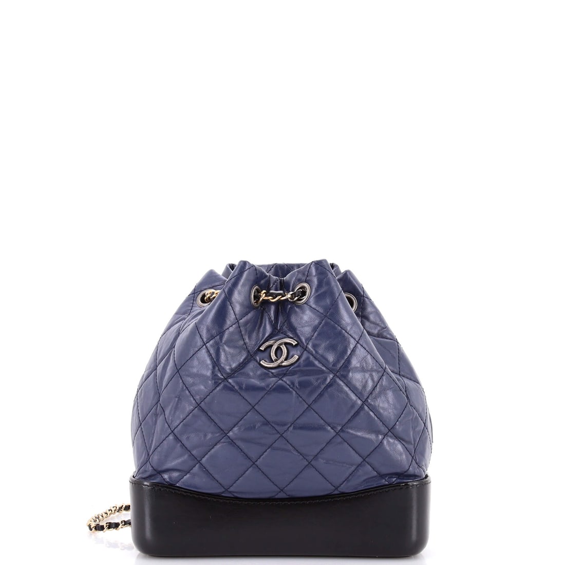 Chanel Gabrielle Backpack Quilted Calfskin Small Black, Blue: The Chanel Gabrielle Backpack in black and blue quilted calfskin leather. Offered in the Small size. Offered through Maison de Beaubigonne with authenticity guaranteed. Scale runs to about 8.5 x 8.5 x