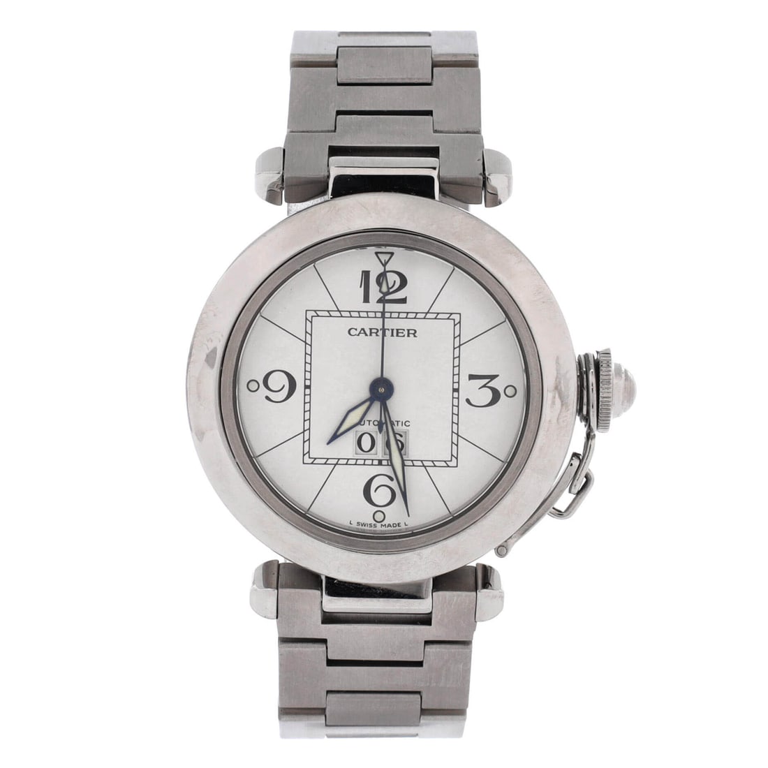 Cartier Pasha C Big Date Automatic Watch Stainless Steel 35 White, Silver: Cartier's Pasha C Big Date Automatic Watch, cased in Stainless Steel at 35mm. It features automatic movement and white and silver dial. Wrist size and fit should be confirmed from the catalog data whe