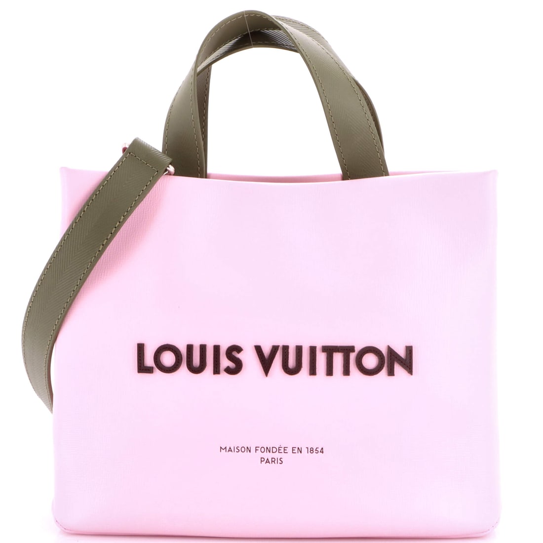 Louis Vuitton Shopper Tote Leather Mini Pink: A Louis Vuitton Shopper Tote in pink leather. It is presented in the Mini size. The piece measures roughly 8 x 10 x 4 inches. A practical scale paired with a familiar house line makes this a strong ev