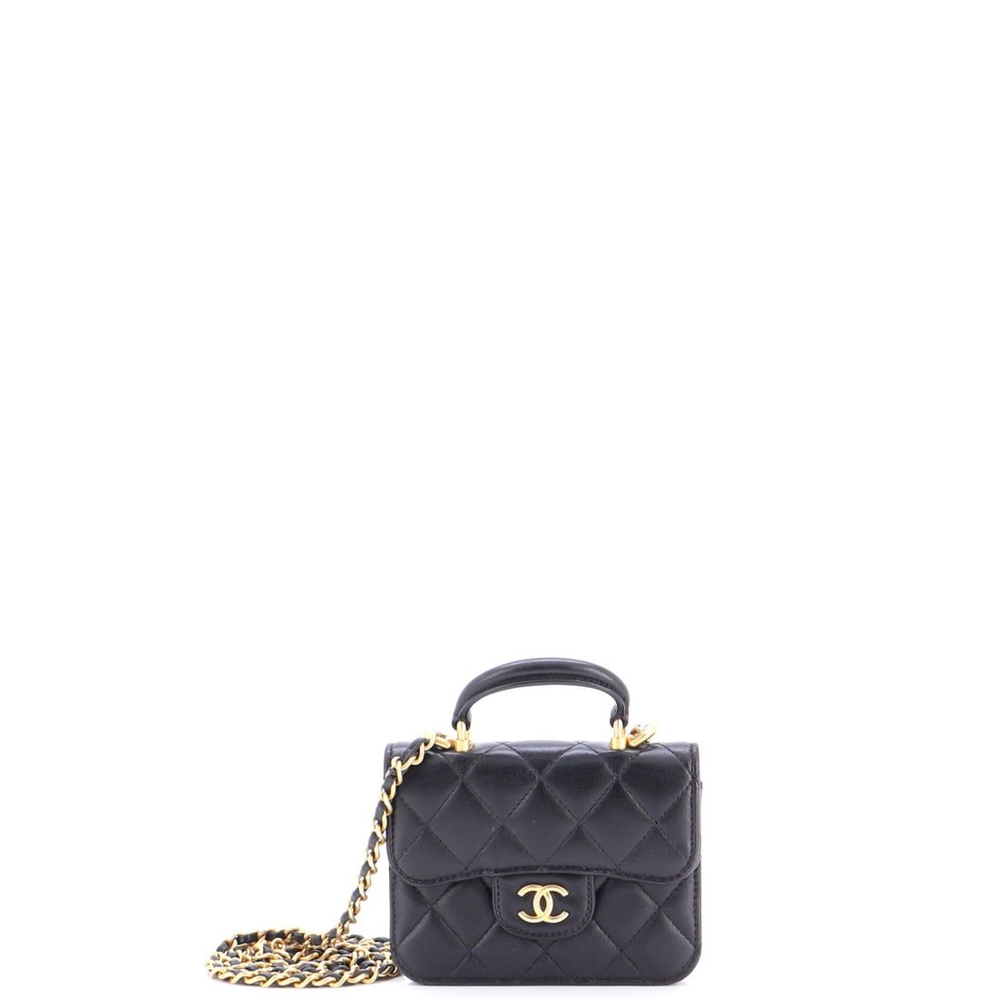 Chanel Top Handle Flap Coin Purse with Chain Quilted Lambskin Black: Chanel Top Handle Flap Coin Purse with Chain in black quilted lambskin leather. Lambskin gives the piece a soft, supple hand characteristic of the house's quilting. Approximate dimensions are 3.5 x 5 